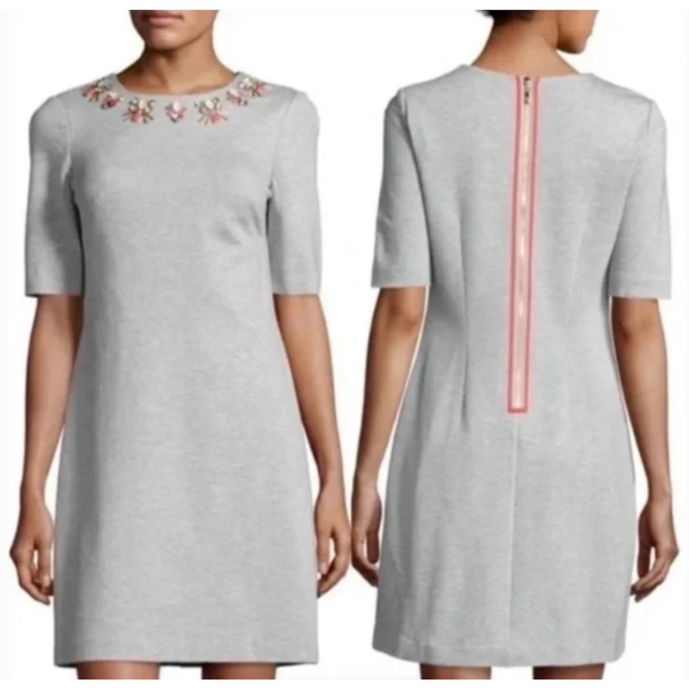 Anthropologie Eliza J Shift Dress Gray Embellishment Rhinestones Beads Back Zip